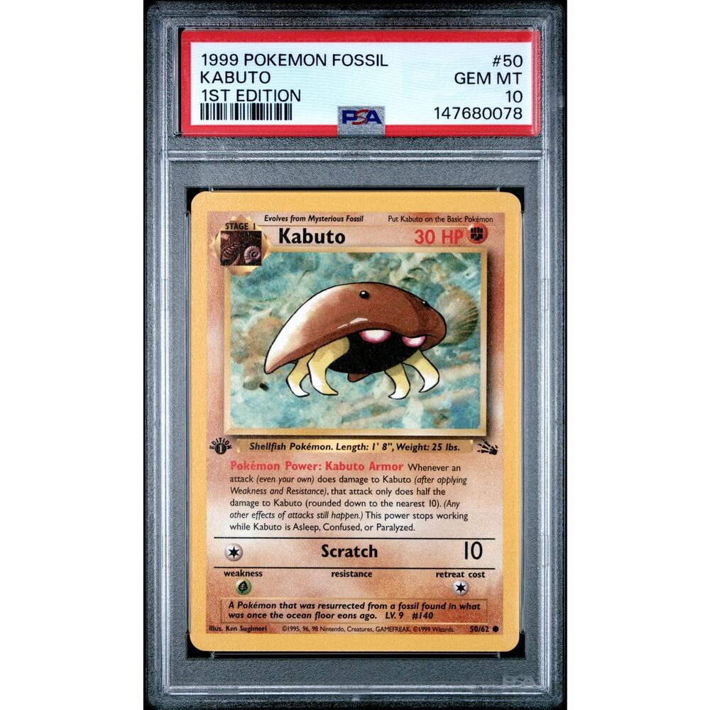 PSA 10 GEM MINT Kabuto 1st Edition 50/62 Pokémon 1999 Fossil Common Card Graded